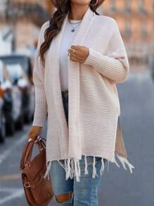 SHEIN Clasi Poncho Cape à manches longues en tricot, couleur abricot, avec des franges, chaud, élégant, simple et décontracté, grande taille - Nude - Voir 4