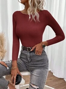 SHEIN Clasi Áo len bó cổ tròn dài tay màu trơn cho nữ, mùa thu - Màu Đỏ Sâu - Xem 5