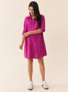 SHEIN Robe longue à manches longues en velours côtelé magenta avec boutons avant et ourlet à franges, pour la grossesse, printemps et automne - Rose bonbon - Voir 4