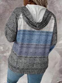 Plus Size Women's Autumn Raglan Sleeve Contrast Collar Tie-Up Hooded Casual Faux Fur Knit Sweatshirt