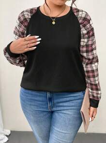 SHEIN LUNE Sudadera casual de cuello redondo de manga larga con estampado a cuadros contrastante, para otoño/invierno, de tallas grandes