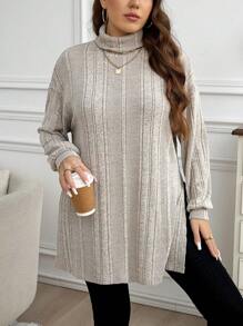 SHEIN LUNE Plus Size Turtleneck Long Sleeve Simple T-Shirt, Casual Everyday Wear Plus Size Fall Clothes, For Winter