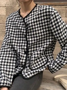 INAWLY Women's Casual Houndstooth Dual Pocket Jacket - Fall Season - Black and White - View 3
