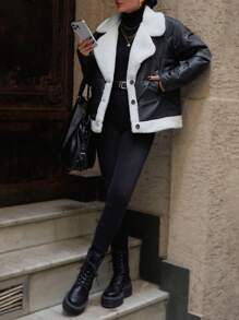 EURMUSE Biker Style, Contrast Fur Inside Puffer Winter Coat - Black - View 4
