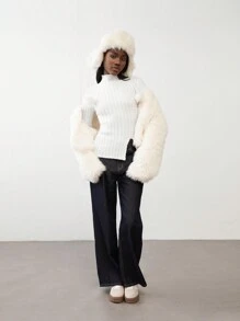 Flirla 1pc Women Stand Collar Textured Split Hem Fitted Long Sleeve Knit Sweater, Casual Autumn/Winter