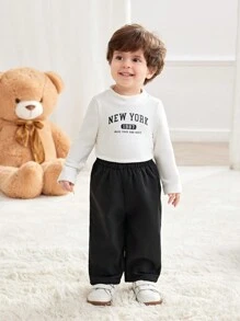 SHEIN Baby Boys Street Style Warm Comfortable Thermal Lined Straight Leg Pants, Suitable For Outings, Daily Gatherings, Autumn/Winter Season - Black - View 6