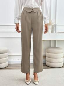 SHEIN Clasi Elastic Waist Straight Leg Trousers For Women, High-Waisted Casual Wide Leg Pants For Spring & Autumn