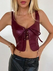 Aloruh Women's Sexy Solid Color Backless Criss Cross Front Crop Top, Elastic PU Fabric, Suitable For Everyday Wear - Burgundy - View 1