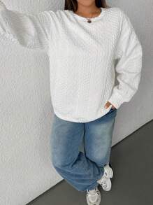 SHEIN EZwear Plus Size Women Casual Solid Color Textured Dropped Shoulder Loose Pullover Sweatshirt, Spring/Autumn - White - View 6