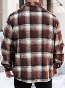 Manfinity Homme Plus Size Men's Front Button Long Sleeve Pocket Plaid Casual Overcoat, Fall Clothes