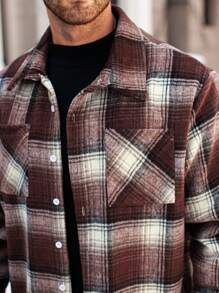 Manfinity Homme Plus Size Men's Front Button Long Sleeve Pocket Plaid Casual Overcoat, Fall Clothes