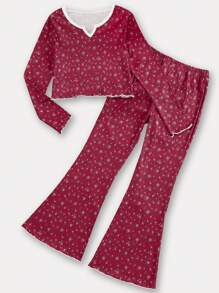 2pcs/Set Pre-Teen Girls Solid Red Floral Allover Print Ruffle Trim Long Sleeve Top And Pants Pajama Set - Red - View 3