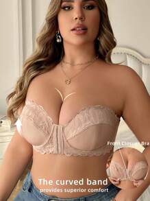 1pc Plus Size Front Button Lace Patchwork Lingerie Bra With Underwire - Apricot - View 4