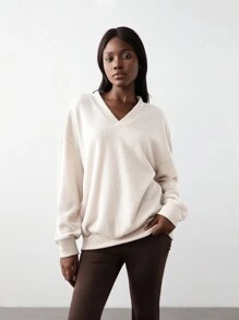 SHEIN Unity 1pc Women's Casual Simple V-Neck Textured Loose Long Sleeve Sweatshirt, Autumn/Winter Pullover Fall - Beige - View 4