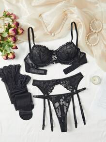 Classic Sexy 5 piezas Set de lencería con bordado floral de malla con aro con liga