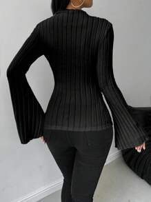 RosyDaze Camiseta feminina de manga comprida, versátil, de malha elástica, com nervuras, macia e agradável à pele, casual, com mangas sino, com acabamento canelado fino, para outono e primavera