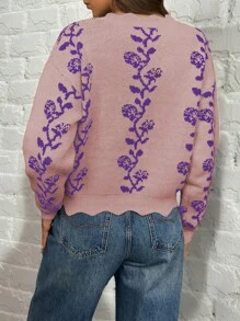 SHEIN LUNE 1pc Women Elegant Shell Trim Blue & White Porcelain Print Long Sleeve Sweater