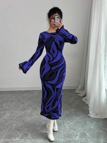 Elenzga Women Casual Colorblock Flare Sleeve Sweater Dress, Autumn/Winter