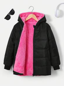 Tween Girl Front Zip Long Sleeve Pocket Casual Hooded Coat - Hot Pink - View 1