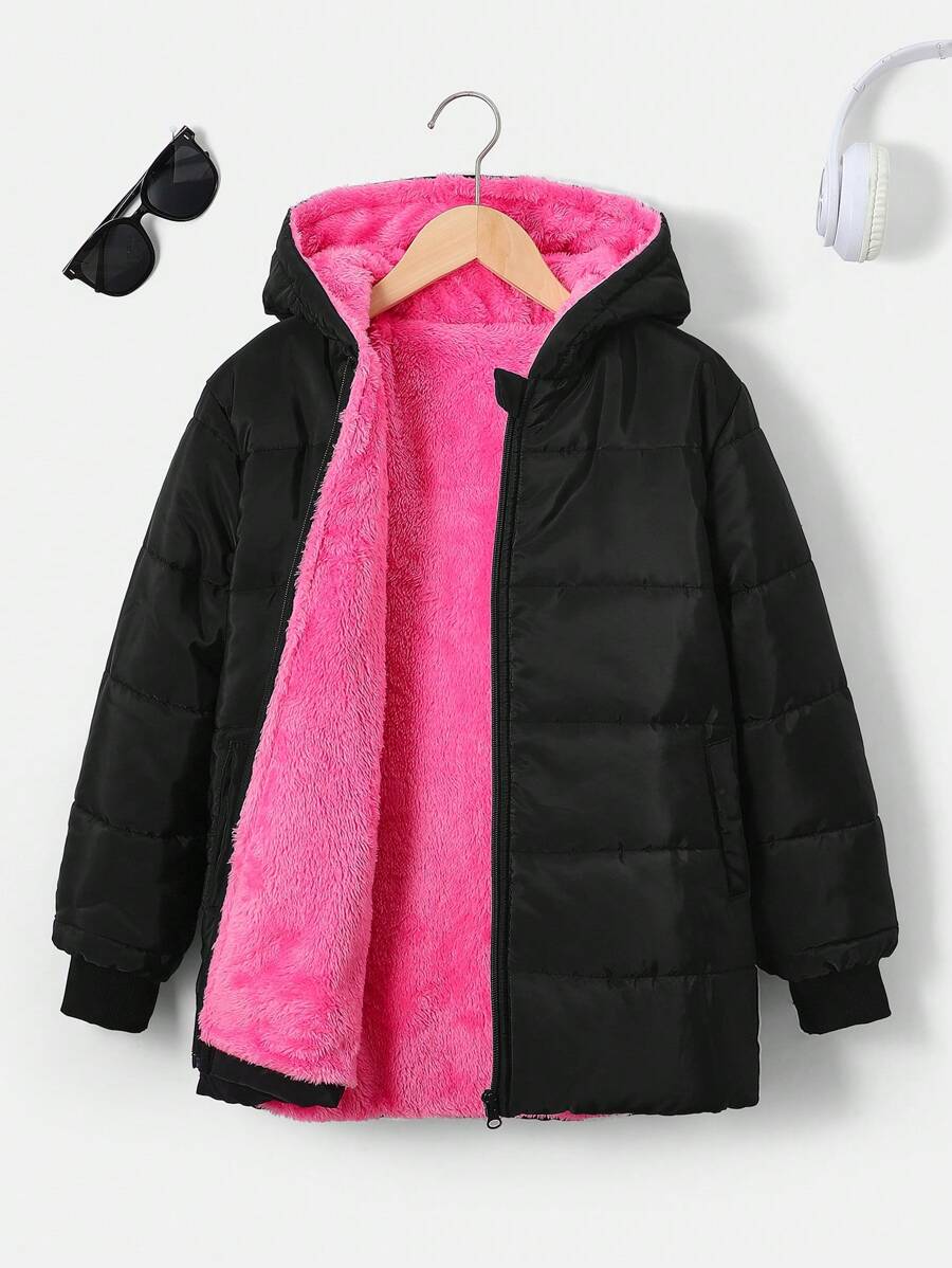 Tween Girl Front Zip Long Sleeve Pocket Casual Hooded Coat - Hot Pink - View 1