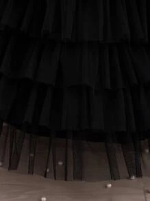 Glamorique Kids Christmas Party Santa Dress, New Year's Dress For Young Girl - Black & White Polka Dot, Sparkle Print, Puff Sleeve Princess Dress With Tiered Skirt, Bowknot, Gold Glitter Stage Performance Costume