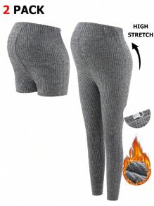SHEIN 2pcs Maternity Casual Minimalist Elastic Rib-Knit Leggings - Grey - View 12