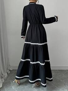 Selianne 女式秋季重叠式 V 领泡泡袖拼色下摆拼接连衣裙长款女装 - 黑色 - 查看 2