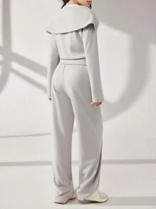 Mulvari 2 pièces Ensemble Top et pantalon de sport décontracté d'automne pour femmes avec couleurs contrastées