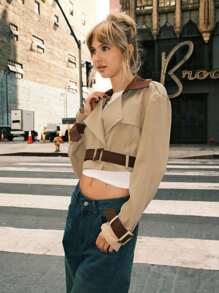 SHEIN EZwear 女士拼色短款宽松休闲卡其色秋冬季风衣 - 卡其色 - 查看 3