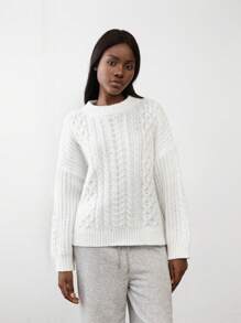 SHEIN Unity 1pc Women's Casual Minimalist Crew Neck Chunky Knit Textured Loose Fit Long Sleeve Sweater, Beige, Autumn/Winter - White - View 4