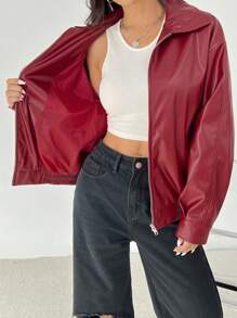 SHEIN PETITE Drop Shoulder Zip Up Black PU Jacket - Burgundy - View 9
