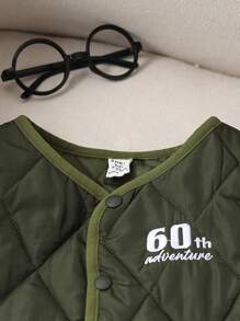 SHEIN 3pcs Baby Boy Army Green Winter Casual Vacation Set,Thickened Letter Embroidered Vest,Hooded Zipper Sports Jacket&Drawstring Pants,Playing In Snow - Dark Green - View 6