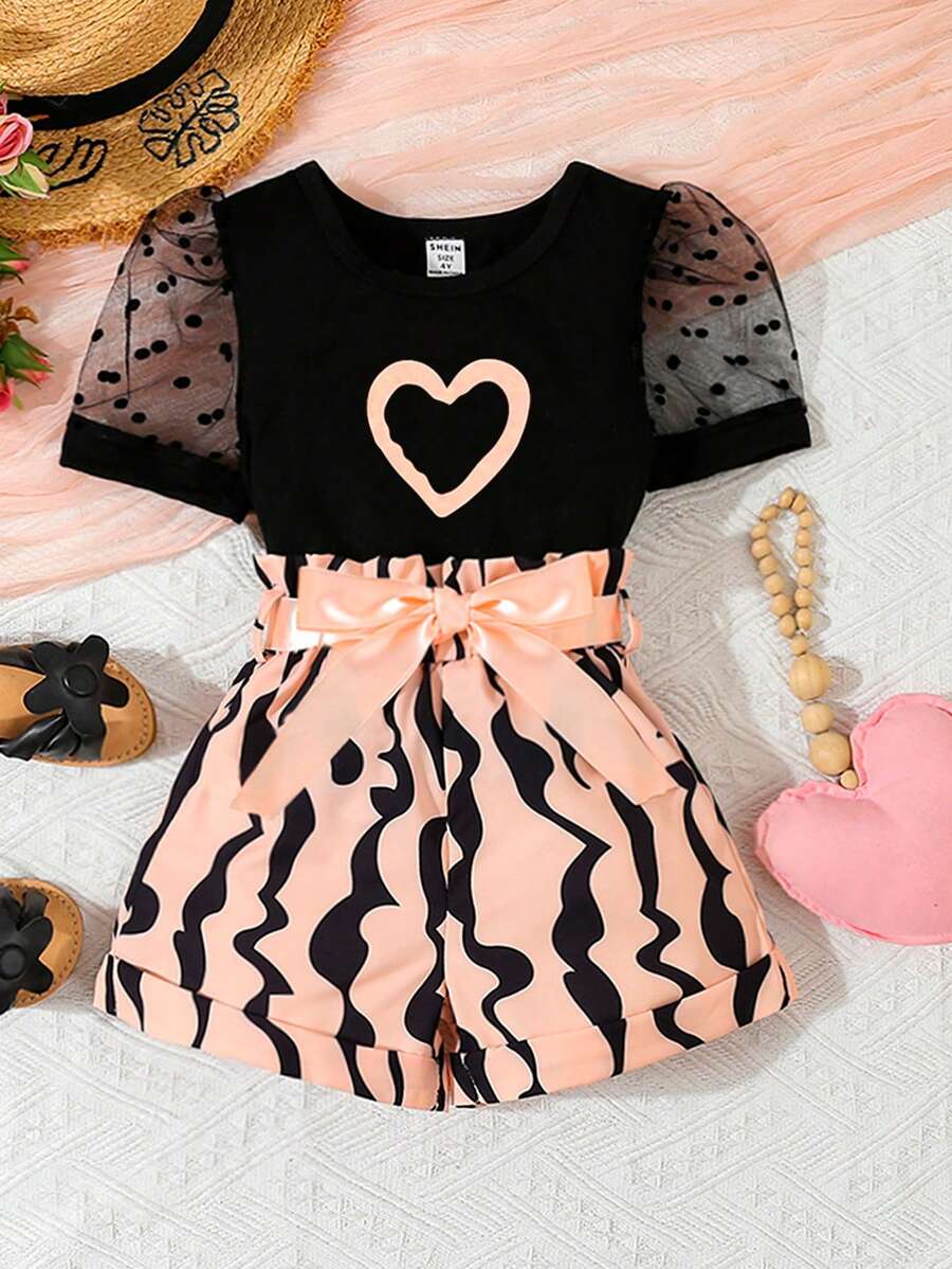 SHEIN Elladie kids Bộ 2 áo tay bồng chấm bi lưới tương phản thường ngày mùa hè cho bé gái và quần short in họa tiết ngẫu nhiên - màu đen - Xem 1