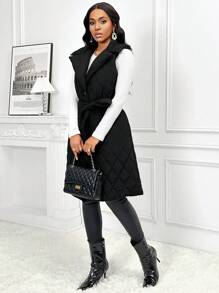 SHEIN Lady 纯色翻领系带绗缝背心外套和夹棉夹克