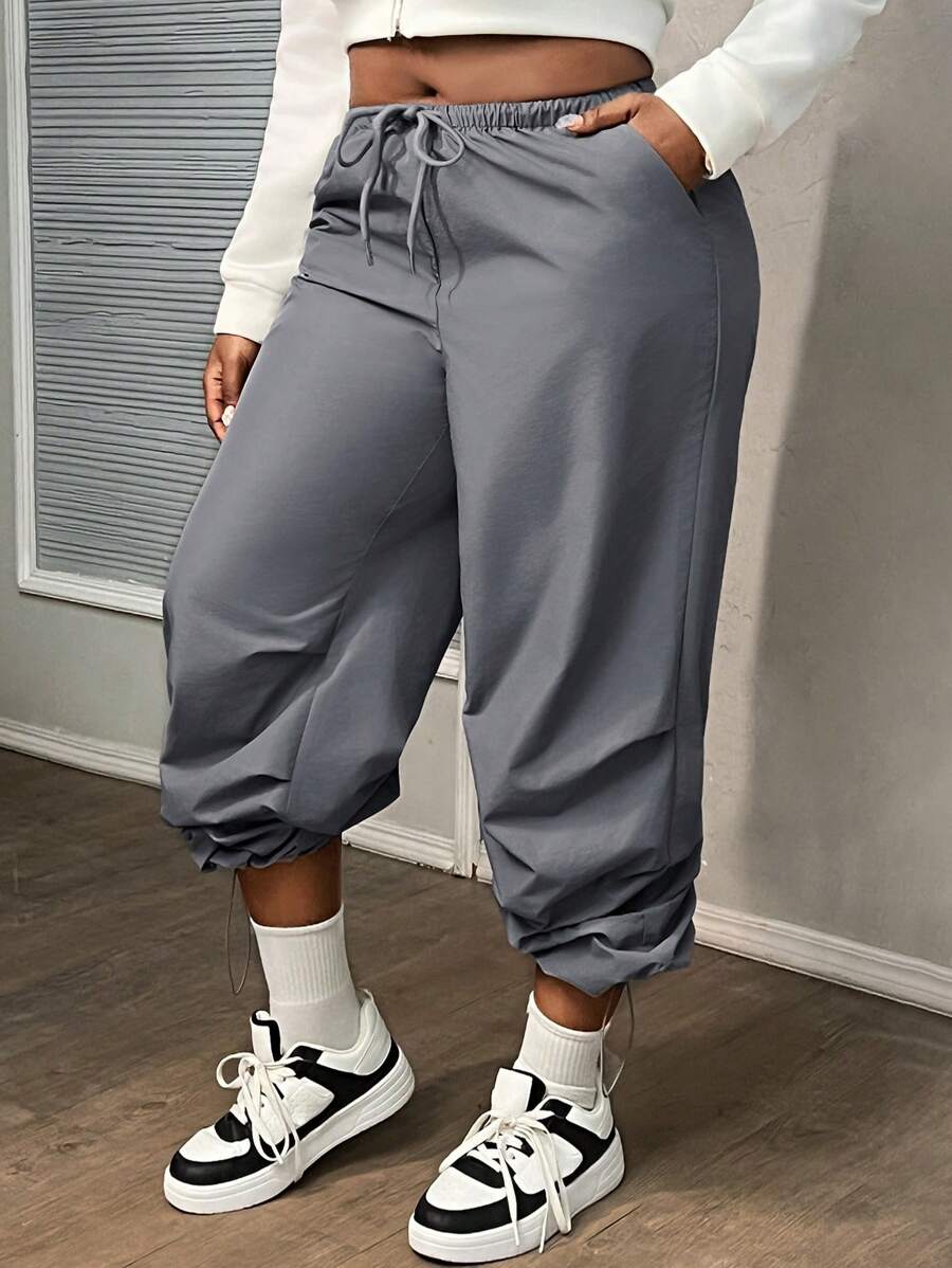 Slaydiva 大码女式纯色系腰口袋宽松阔腿长裤