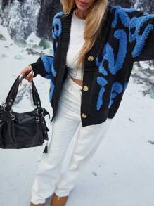 GENKIRA 高级时尚休闲女士嵌花字母 V 领开衫，女士冬装超大毛衣 - 藍色 - 查看 1