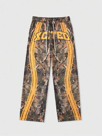 Street Life Men's Tree Branch & Letter Print Drawstring Waist Casual Loose Pants, Street Style