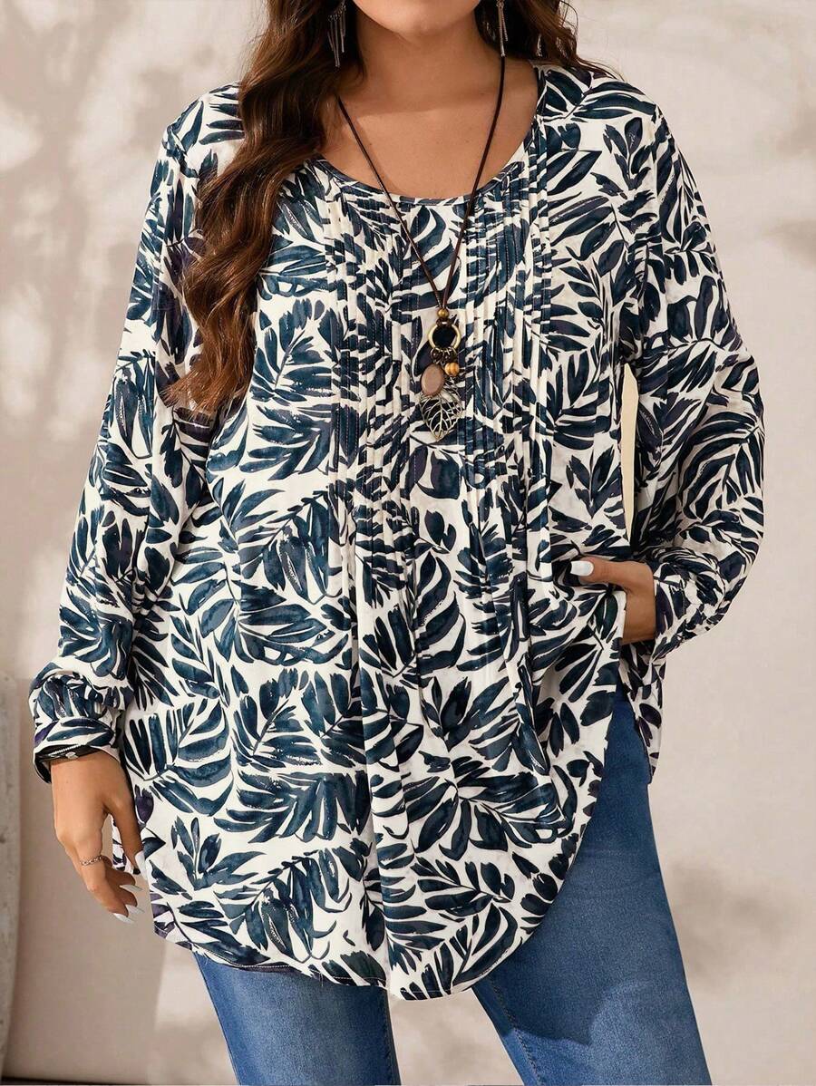 EMERY ROSE 大码女式树叶印花圆领长袖秋季衬衫 - 藍色 - 查看 1