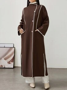 Modelyn Women's Autumn/Winter Sweater, Contrast Color Lapel & Dropped Shoulder - Multicolor - View 3