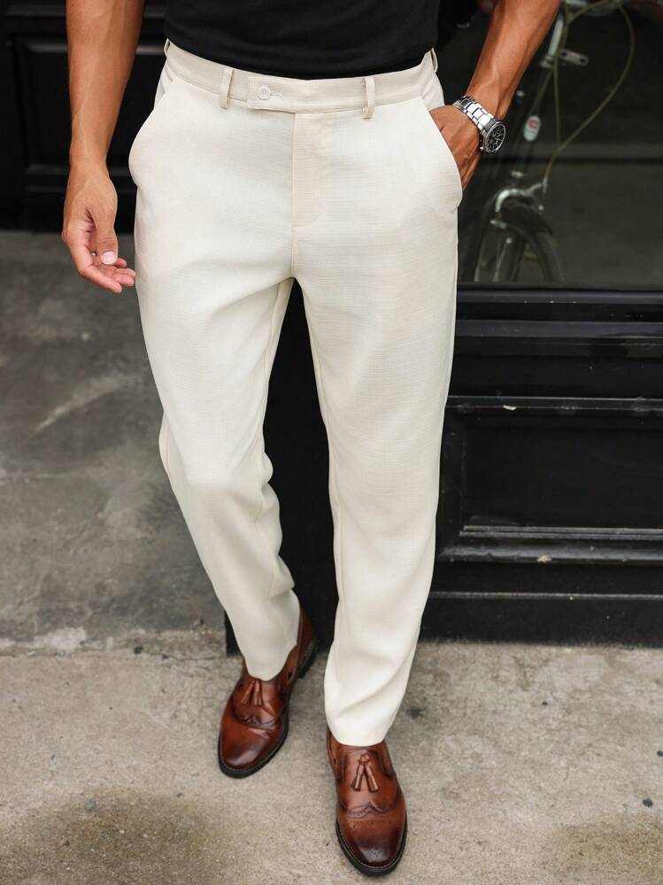 Manfinity Mode 男士纯色口袋直筒休闲裤 - 杏色 - 查看 5