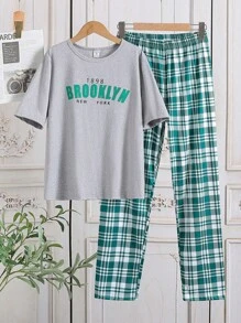 Teen Girl New Simple Letter Print Front Tee And Checkered Digital Print Pants Set, Home Outfit - Green - View 1