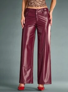 SHEIN BAE Pantalones anchos y sueltos de color borgoña sólido, de material de piel sintética (PU) de uso versátil y minimalista, pantalones cálidos para clima frío, atuendos navideños y de Año Nuevo