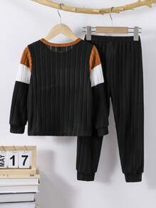 2pcs Young Boys Casual Long Sleeve Top And Pants Comfortable Warm Homewear Set