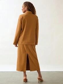 SHEIN Unity Set de 2 piezas: chaqueta y falda de mujer casual de unicolor con cierre delantero de manga larga