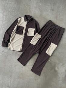 Manfinity Homme 2pcs/Set Men Solid Color Front Button Long Sleeve Casual Top And Pants Set,Men Tracksuit,Men Two Pieces Outfits - Brown - View 8