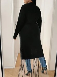 Calvaya Plus Size Women's Solid Color Dropped Shoulder Long Sleeve Casual Cardigan, Fall/Winter - Black - View 2