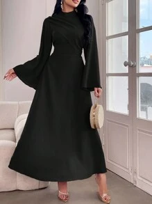 Modelyn Đầm suông tay loe eo thắt eo màu trơn thanh lịch cho nữ, Đầm dạ hội dài mùa thu - màu đen - Xem 3