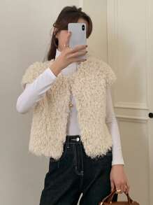 DAZY 女士毛茸茸前开短款背心夹克