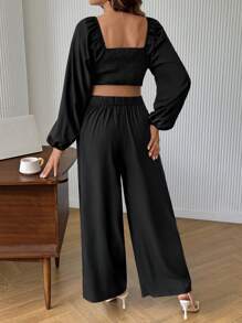 SHEIN 2pcs Pregnancy Casual Solid Color Sweetheart Neck Lantern Sleeve Crop Top & Elastic Waist Wide-Leg Pants Set, Spring/Autumn, For Maternity