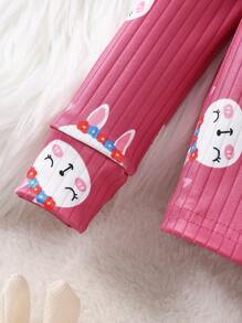 Young Girl Cute Rabbit Print Ribbed Knit Long Sleeve Pajama Set With Trousers, Snug Fit - Hot Pink - View 4